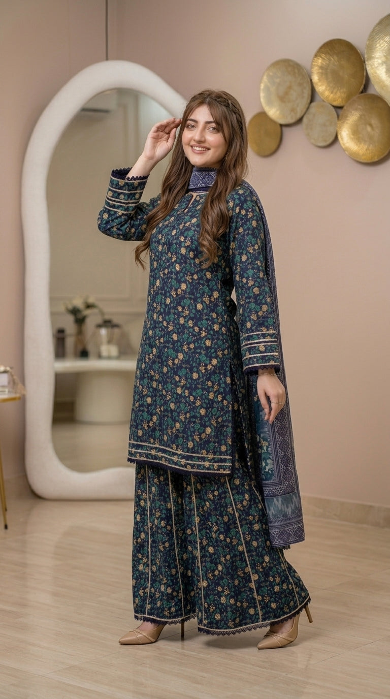 Midnight Bloom Navy Blue 3-Piece Printed Lawn Suit with Wide-Leg Trousers & Chiffon Dupatta