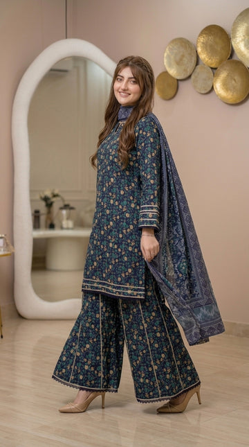 Midnight Bloom Navy Blue 3-Piece Printed Lawn Suit with Wide-Leg Trousers & Chiffon Dupatta