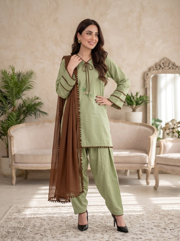 Sage Blossom Premium Lawn Suit with Chocolate Chiffon Dupatta | Women's Summer Collection 2026
