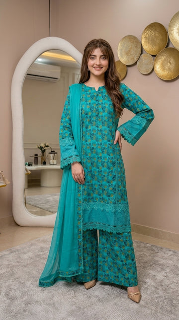 Elegant Turquoise Printed 3-Piece Lawn Suit with Embroidered Lace & Chiffon Dupatta