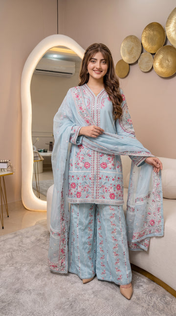 Premium Cotton Embroidered 3-Piece Suit with Flapper Trouser & Fancy Dupatta