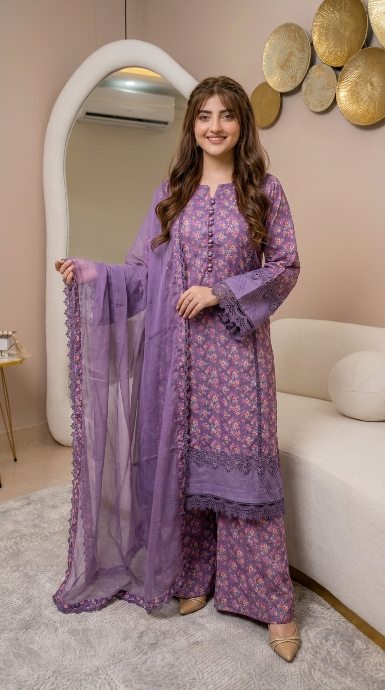 Graceful Lavender Floral 3-Piece Lawn Suit with Lace Details & Chiffon Dupatta