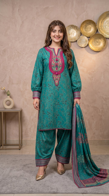 Luxury Digital Printed & Embroidered 3-Piece Polylawn Suit for Women
