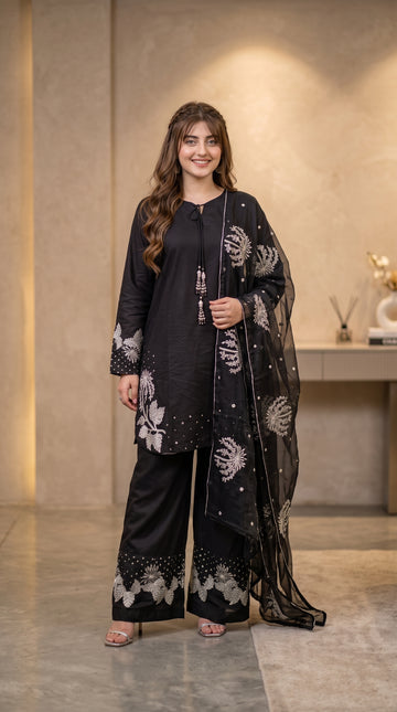 Luxury 3PCS Cotton Suit with Organza Dupatta | Hand Embellished Collection