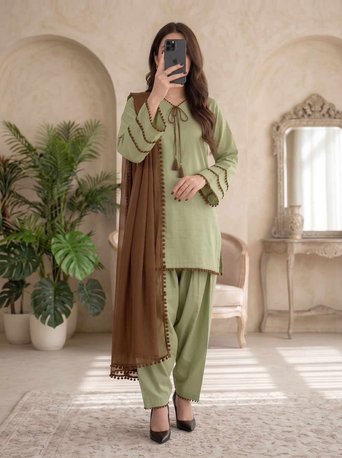 Sage Blossom Premium Lawn Suit with Chocolate Chiffon Dupatta | Women's Summer Collection 2026