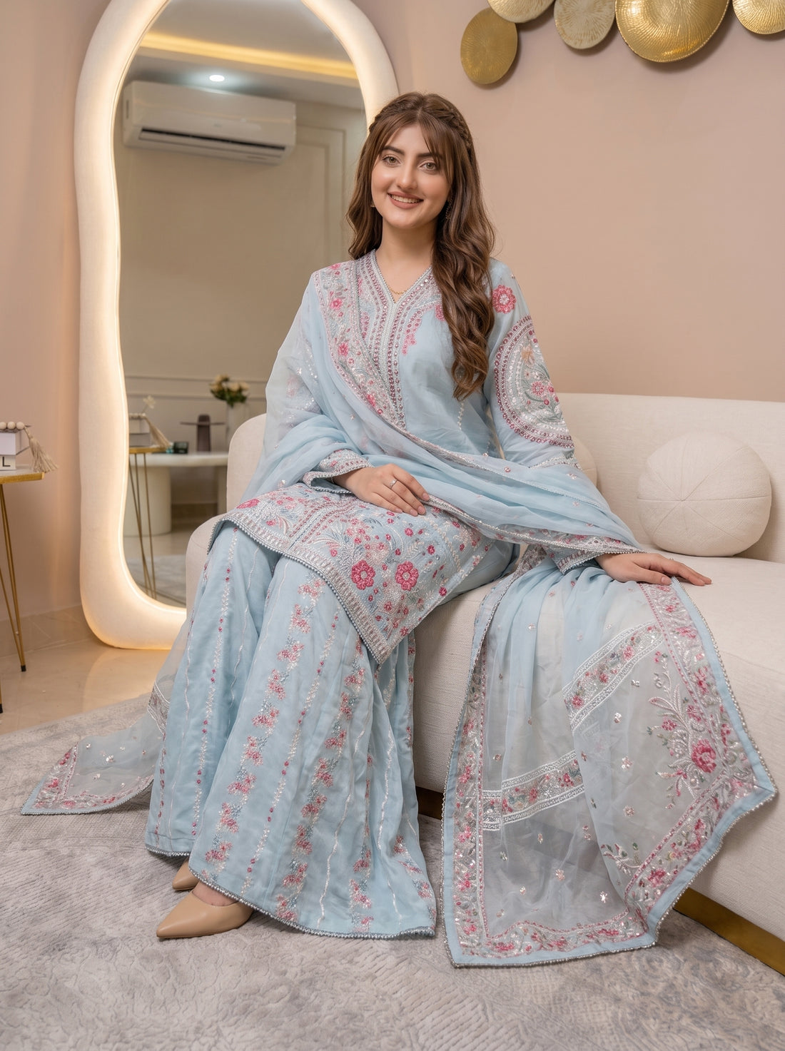 Premium Cotton Embroidered 3-Piece Suit with Flapper Trouser & Fancy Dupatta
