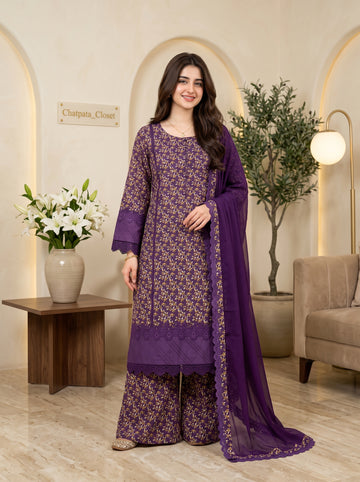 Elegant Printed 3-Piece Lawn Suit with Lace & Chiffon Dupatta