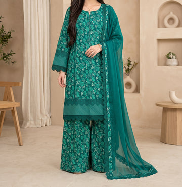 Elegant Printed 3-Piece Lawn Suit with Lace & Chiffon Dupatta