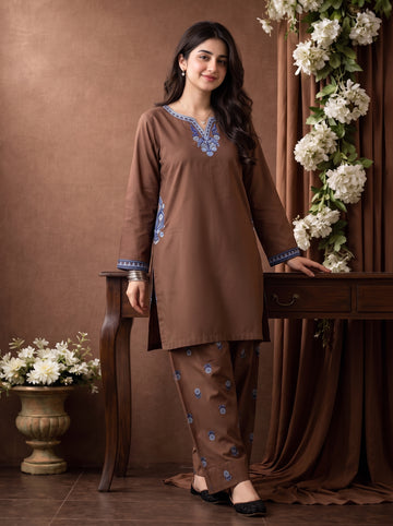 New Arrival – 2PCS Embroided Lawn Dress for Women in Brown