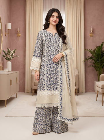 Elegant Printed 3-Piece Lawn Suit with Lace & Chiffon Dupatta