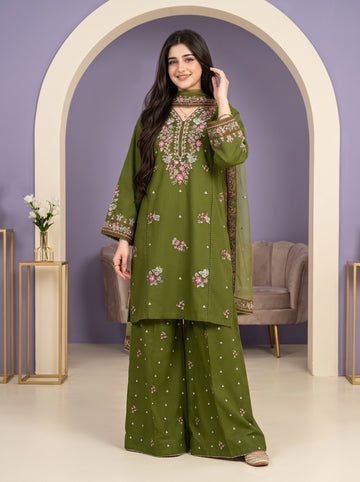 Luxury 3PCS Cotton Suit with net Dupatta |  Embellished Collection